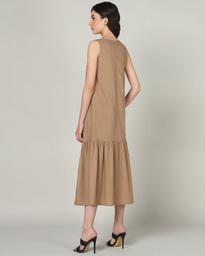 Women’s Mocha Embroidered Sleeveless Maxi Dress with Gathered Hem -Casual Day Wear - 3089