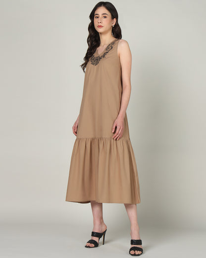 Women’s Mocha Embroidered Sleeveless Maxi Dress with Gathered Hem -Casual Day Wear - 3089