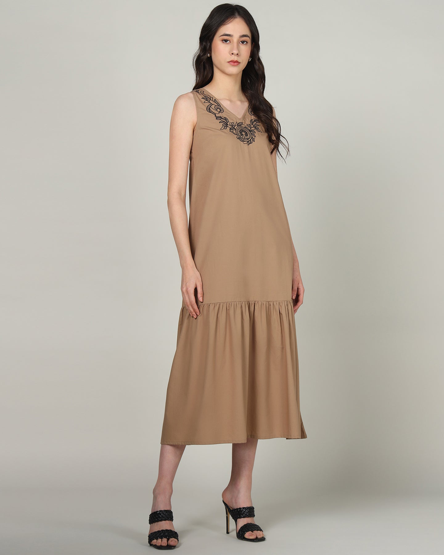Women’s Mocha Embroidered Sleeveless Maxi Dress with Gathered Hem -Casual Day Wear - 3089