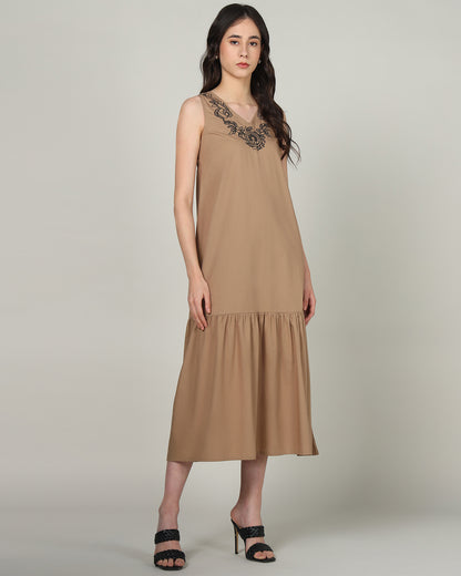 Women’s Mocha Embroidered Sleeveless Maxi Dress with Gathered Hem -Casual Day Wear - 3089