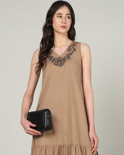 Women’s Mocha Embroidered Sleeveless Maxi Dress with Gathered Hem -Casual Day Wear - 3089