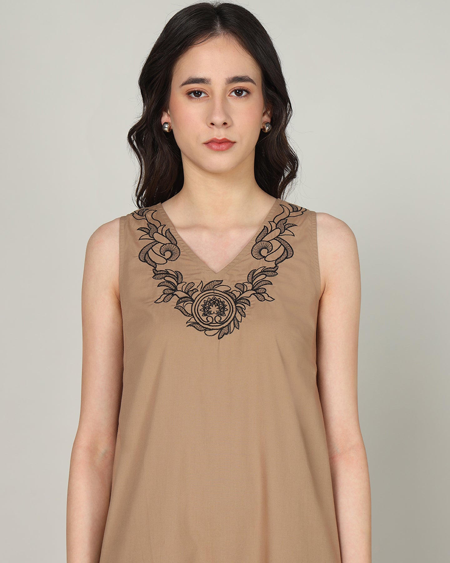 Women’s Mocha Embroidered Sleeveless Maxi Dress with Gathered Hem -Casual Day Wear - 3089