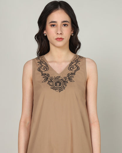 Women’s Mocha Embroidered Sleeveless Maxi Dress with Gathered Hem -Casual Day Wear - 3089