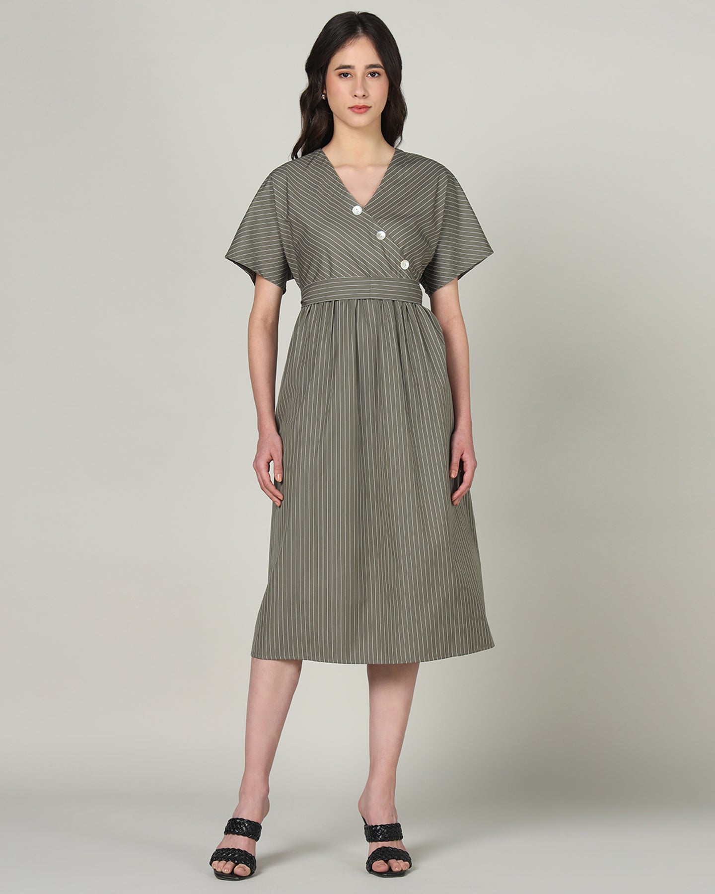 Women’s Olive Striped Wrap-Front Midi Dress with Waist Tie -3102