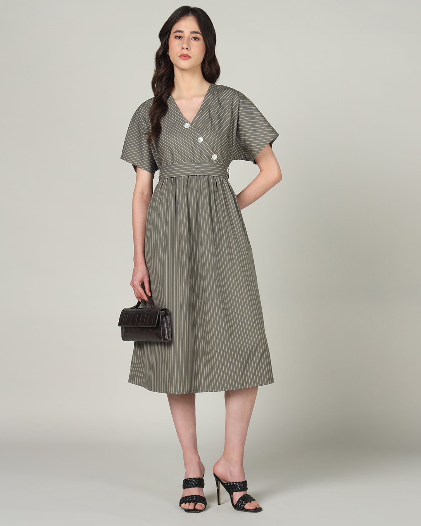 Women’s Olive Striped Wrap-Front Midi Dress with Waist Tie -3102