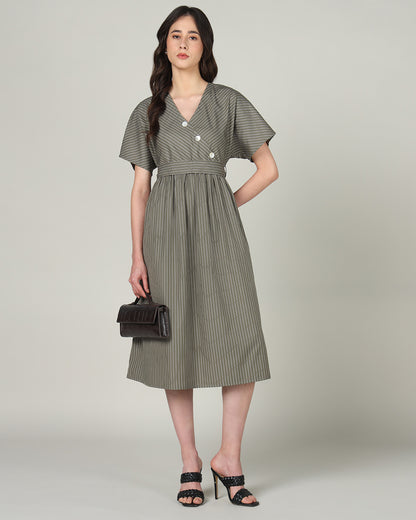 Women’s Olive Striped Wrap-Front Midi Dress with Waist Tie -3102