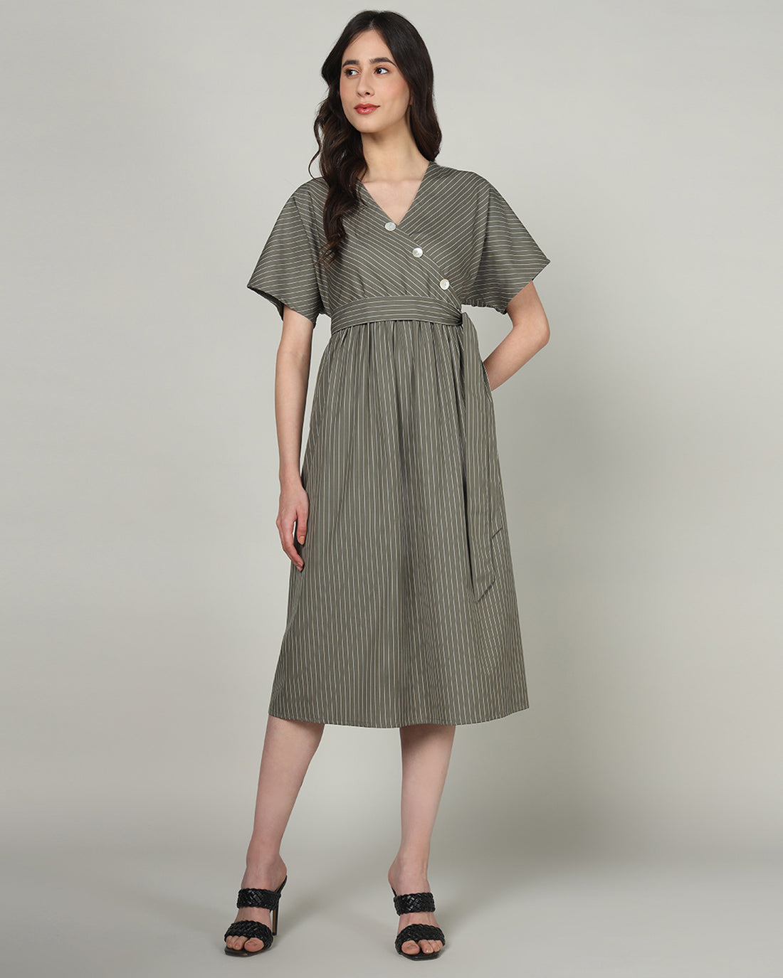 Women’s Olive Striped Wrap-Front Midi Dress with Waist Tie -3102