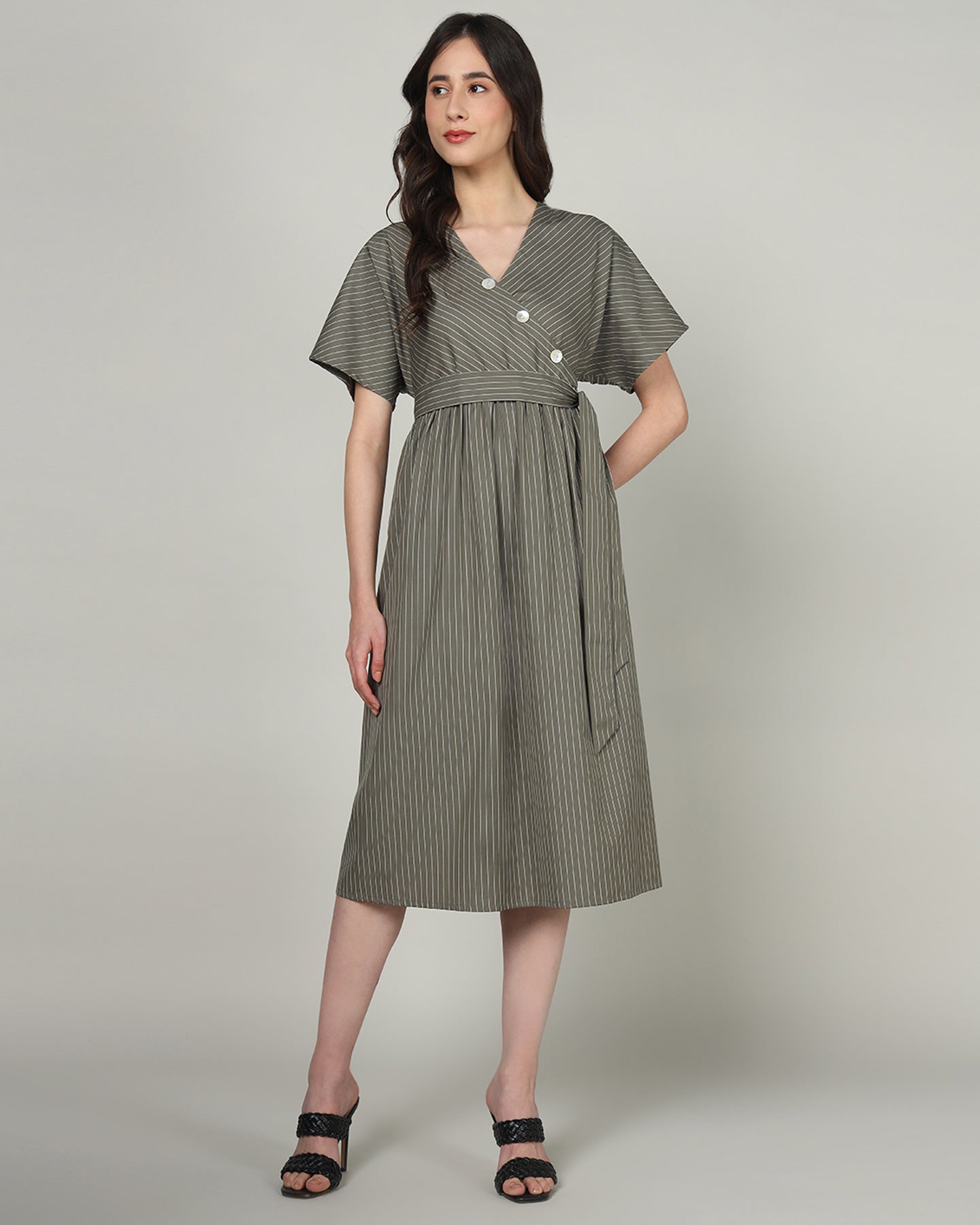 Women’s Olive Striped Wrap-Front Midi Dress with Waist Tie -3102