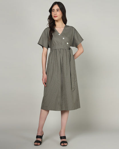 Women’s Olive Striped Wrap-Front Midi Dress with Waist Tie -3102