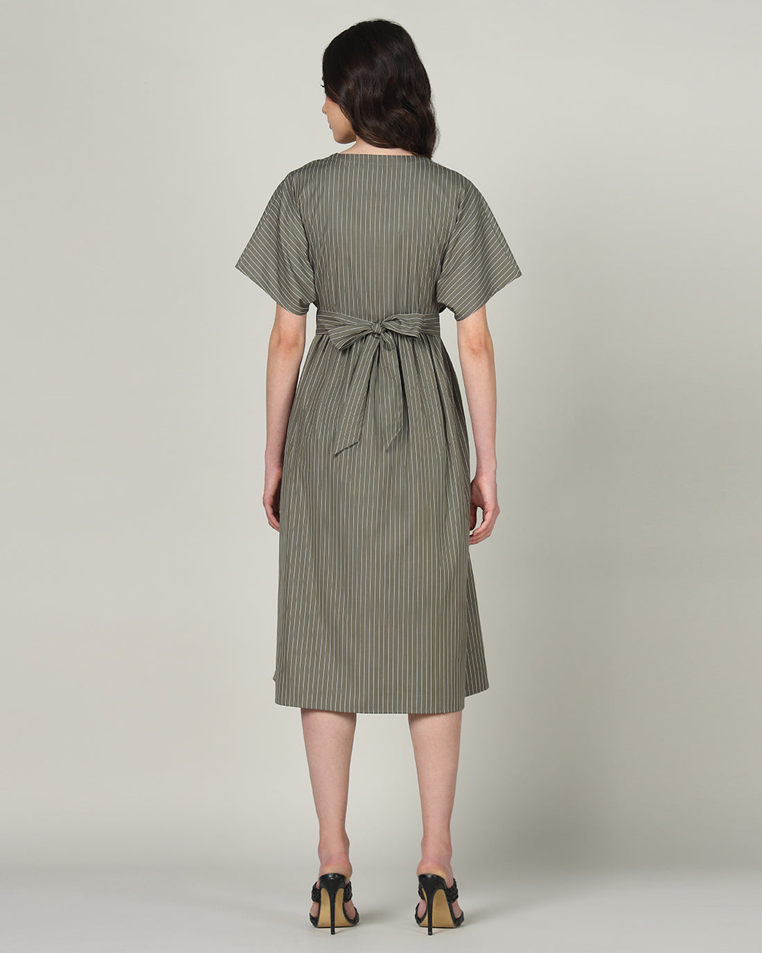 Women’s Olive Striped Wrap-Front Midi Dress with Waist Tie -3102