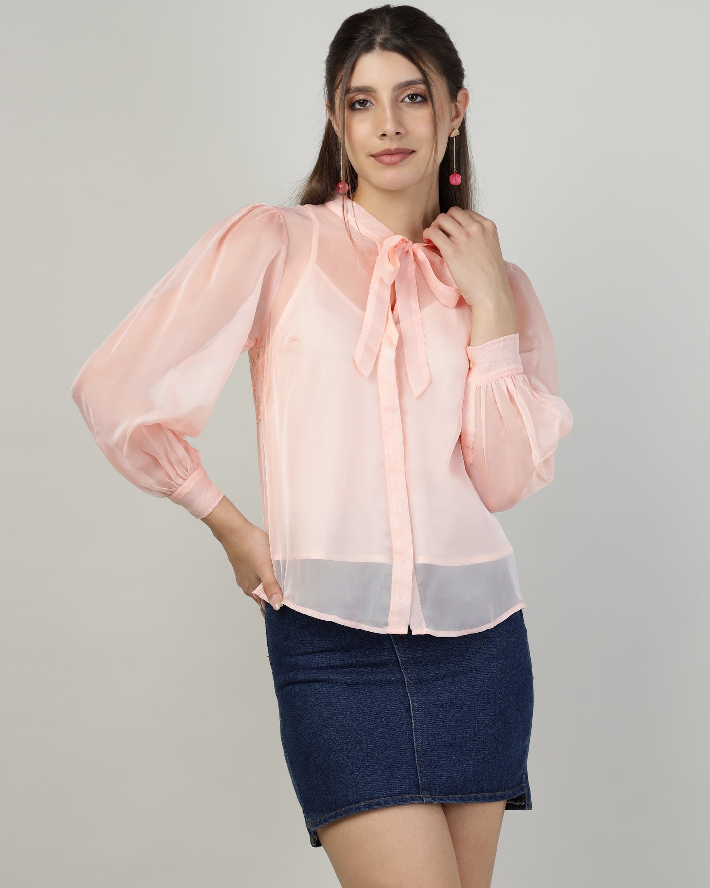 Peach Organza embroidered shirt - 2816