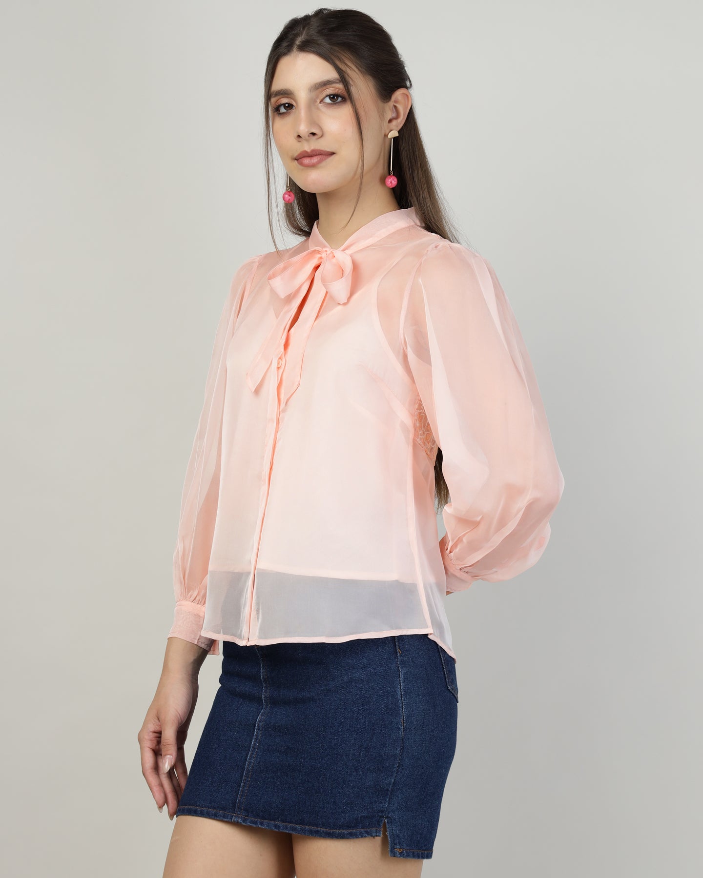 Peach Organza embroidered shirt - 2816