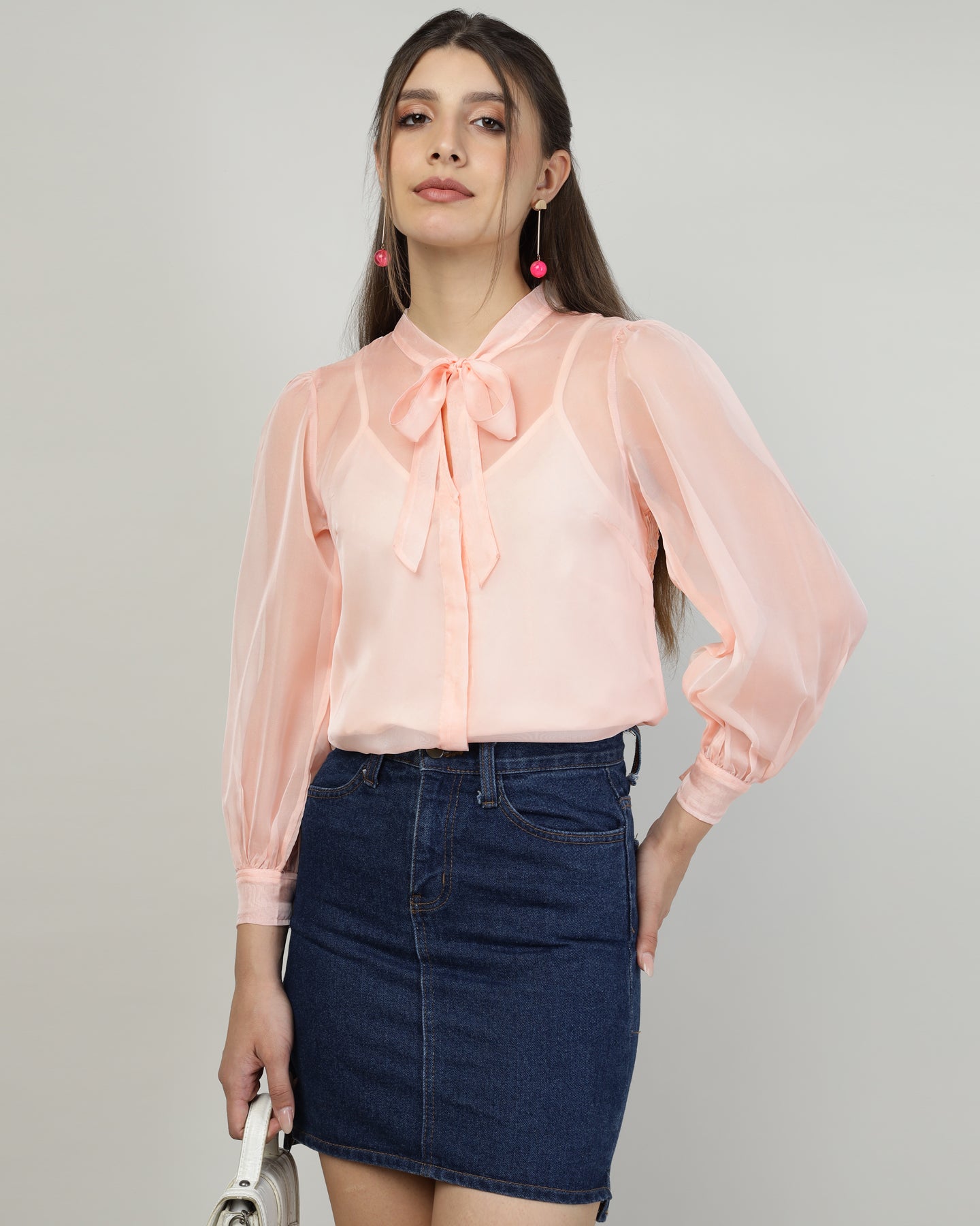 Peach Organza embroidered shirt - 2816