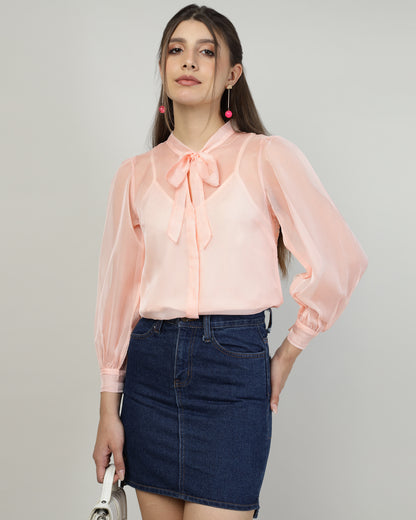 Peach Organza embroidered shirt - 2816