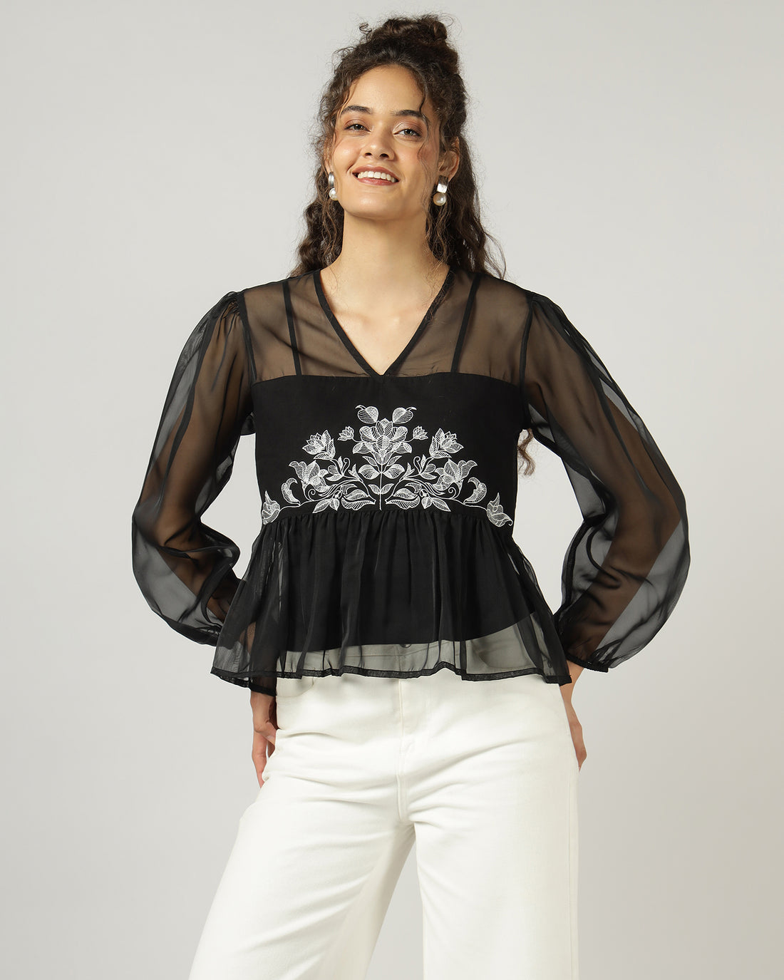 Black Organza embroidered top with camisole - 2999