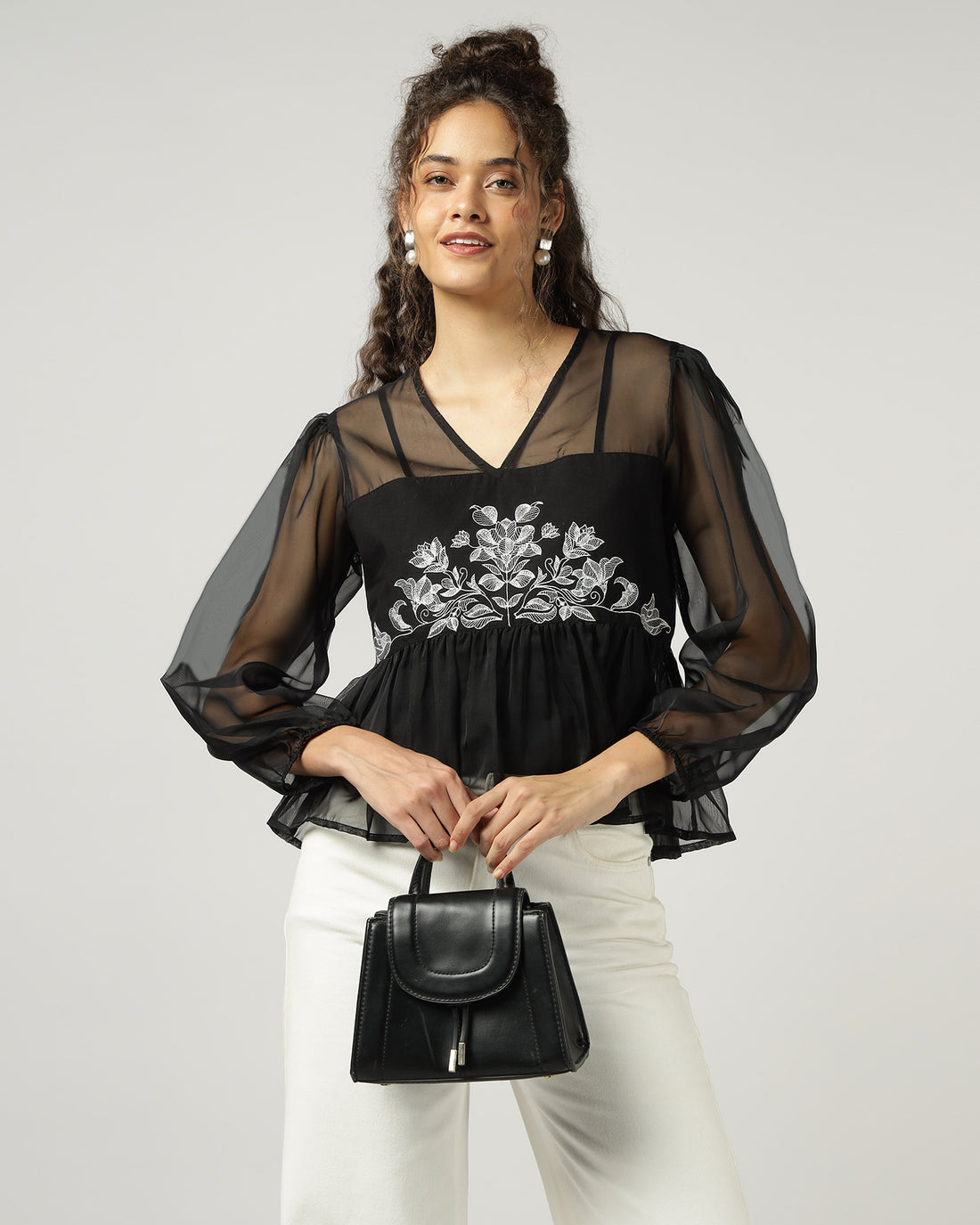 Black Organza embroidered top with camisole - 2999