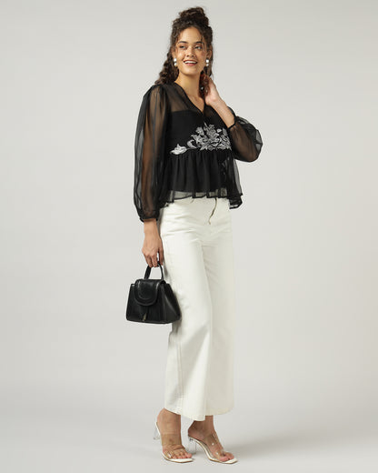 Black Organza embroidered top with camisole - 2999