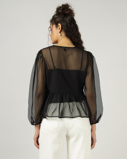 Black Organza embroidered top with camisole - 2999
