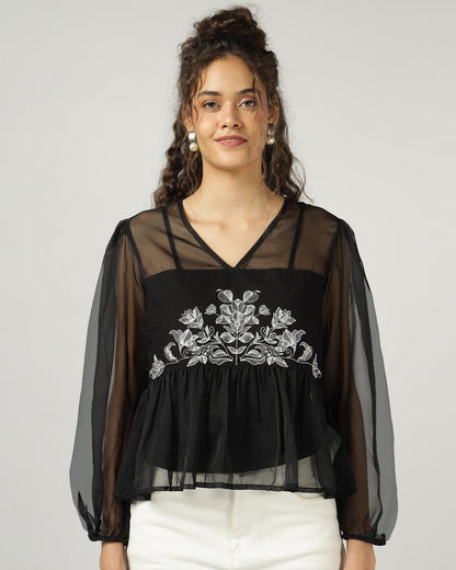 Black Organza embroidered top with camisole - 2999