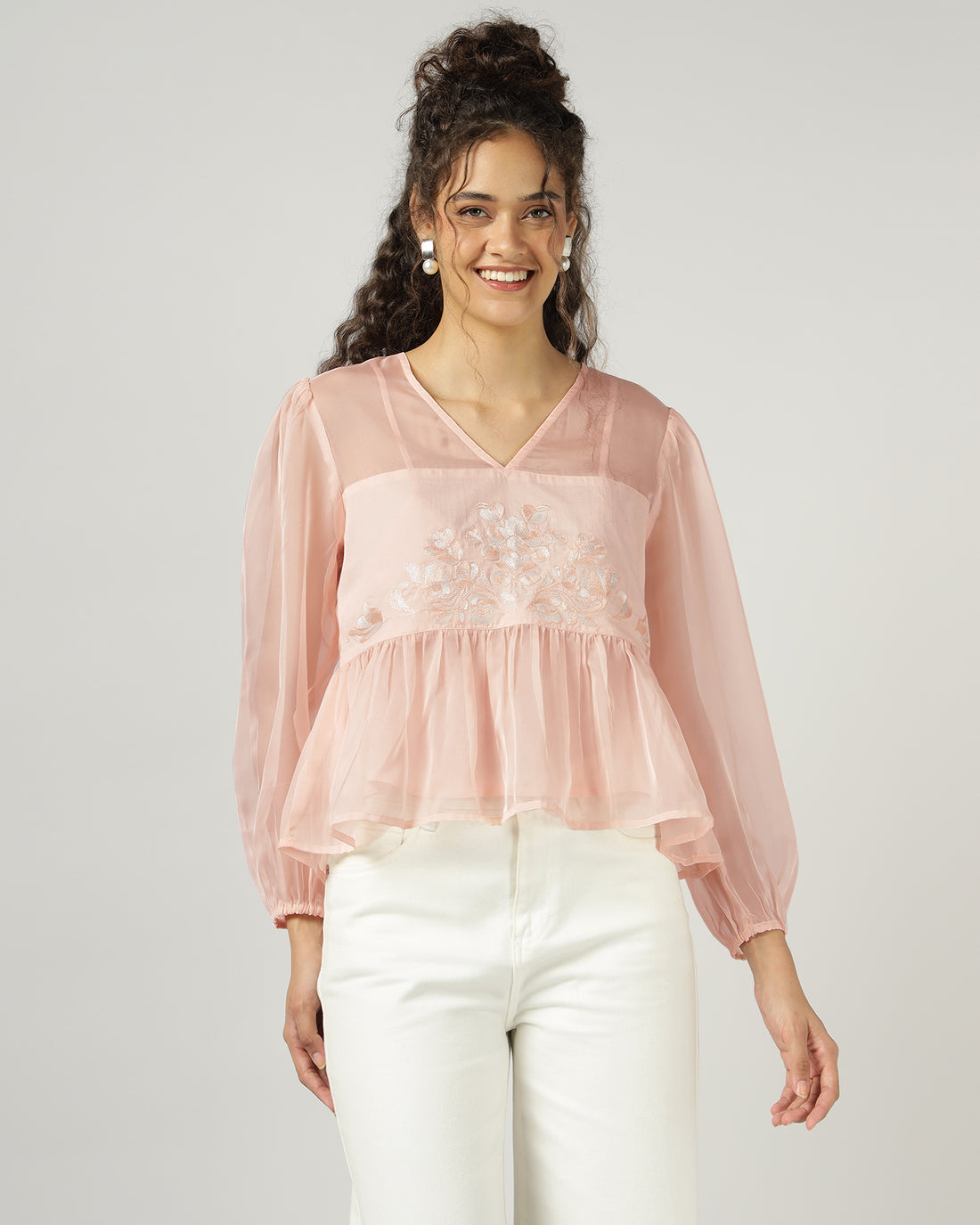 Peach Organza embroidered top with camisole - 3000