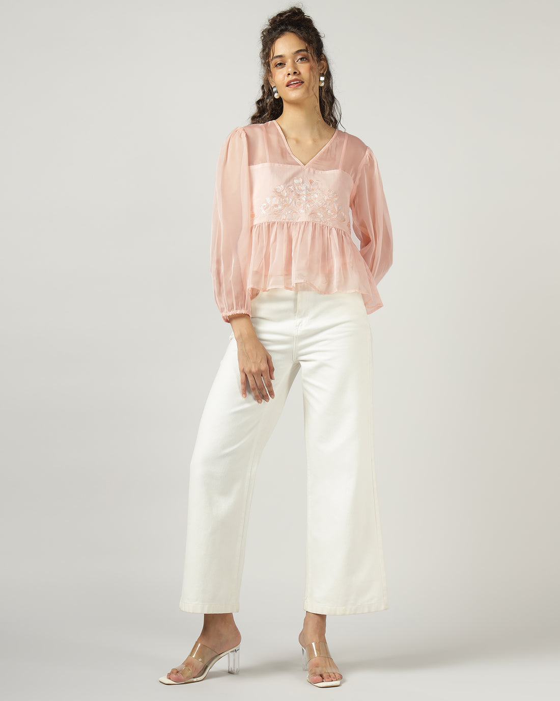 Peach Organza embroidered top with camisole - 3000