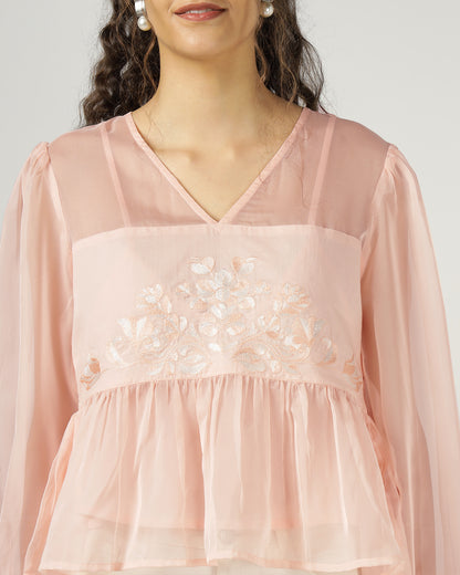 Peach Organza embroidered top with camisole - 3000