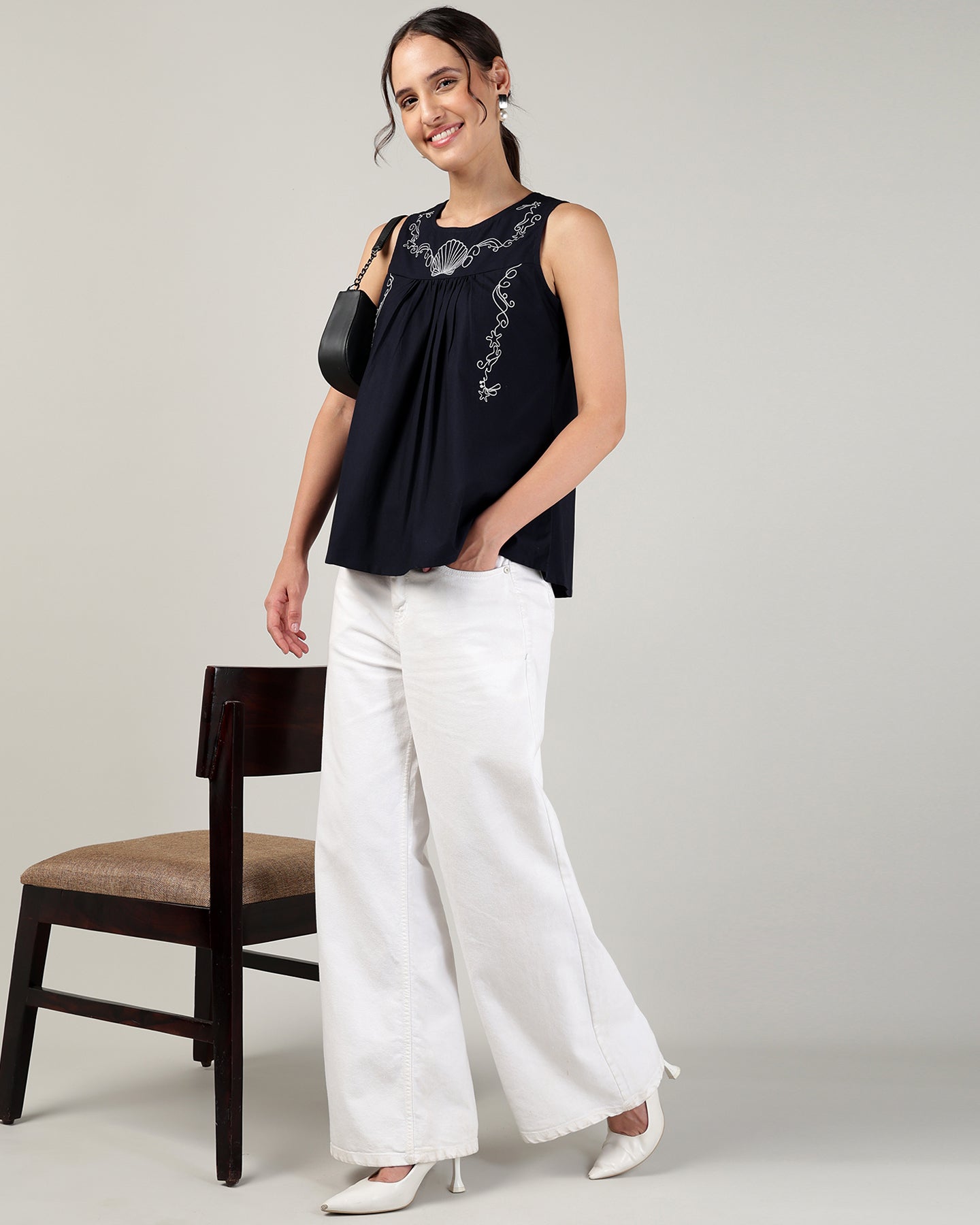 Women’s Embroidery Navy Blue sleeveless Top - 3107