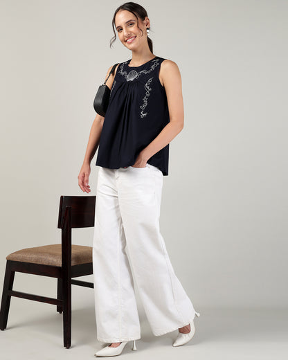 Women’s Embroidery Navy Blue sleeveless Top - 3107