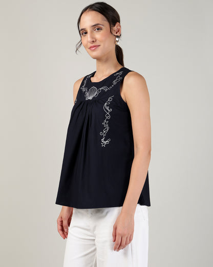 Women’s Embroidery Navy Blue sleeveless Top - 3107