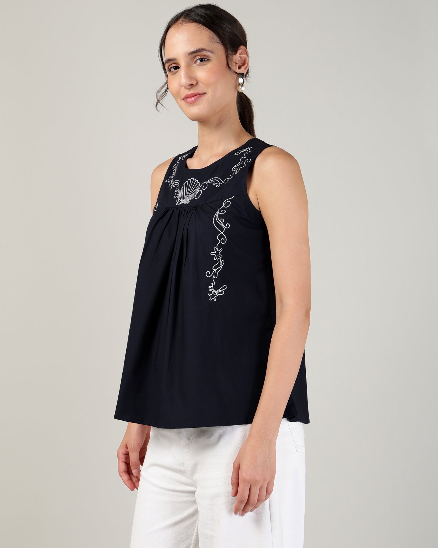 Women’s Embroidery Navy Blue sleeveless Top - 3107