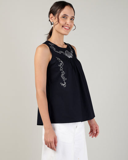 Sands Of India Women’s Embroidery Navy Blue sleeveless Top - 3107
