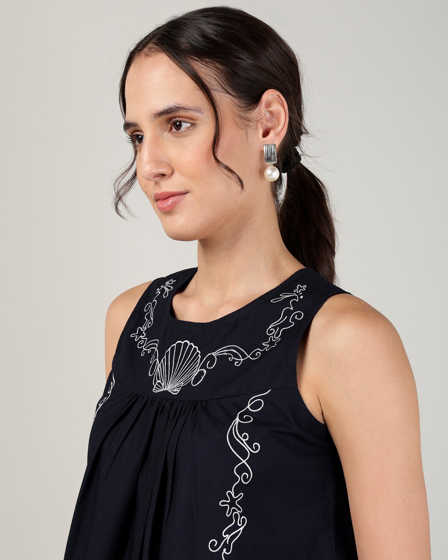 Sands Of India Women’s Embroidery Navy Blue sleeveless Top - 3107