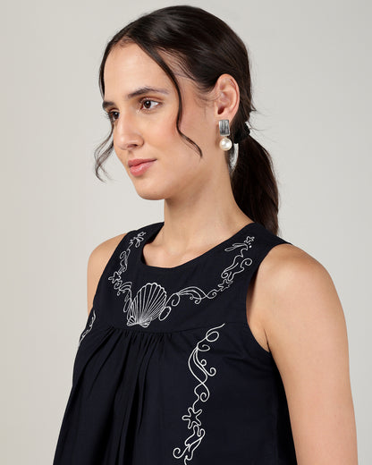 Sands Of India Women’s Embroidery Navy Blue sleeveless Top - 3107