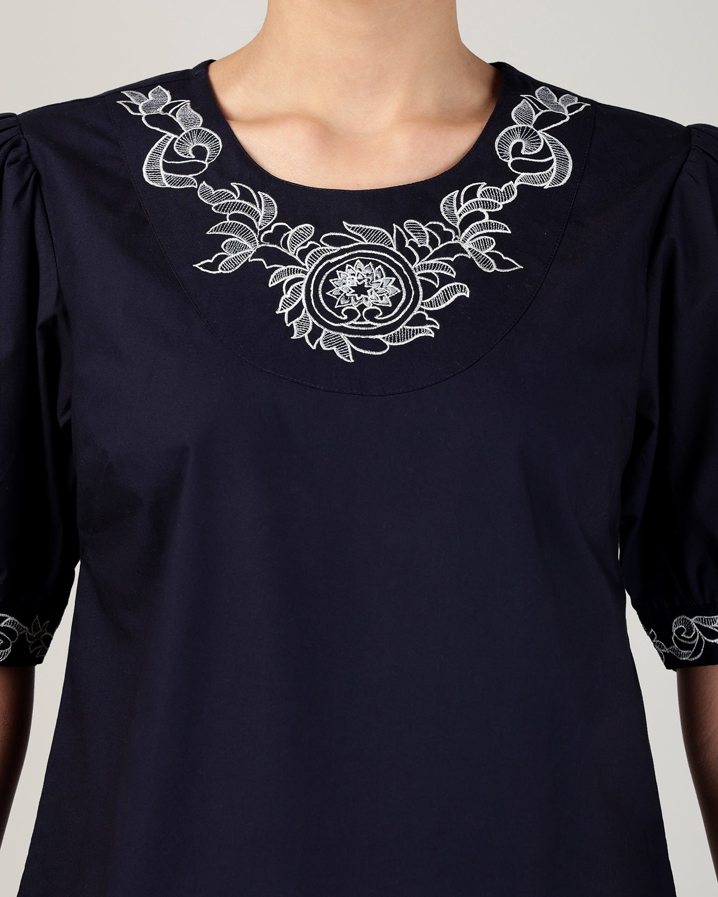 Women’s Embroidered Navy Blue Poplin Regular Fit Top -3106