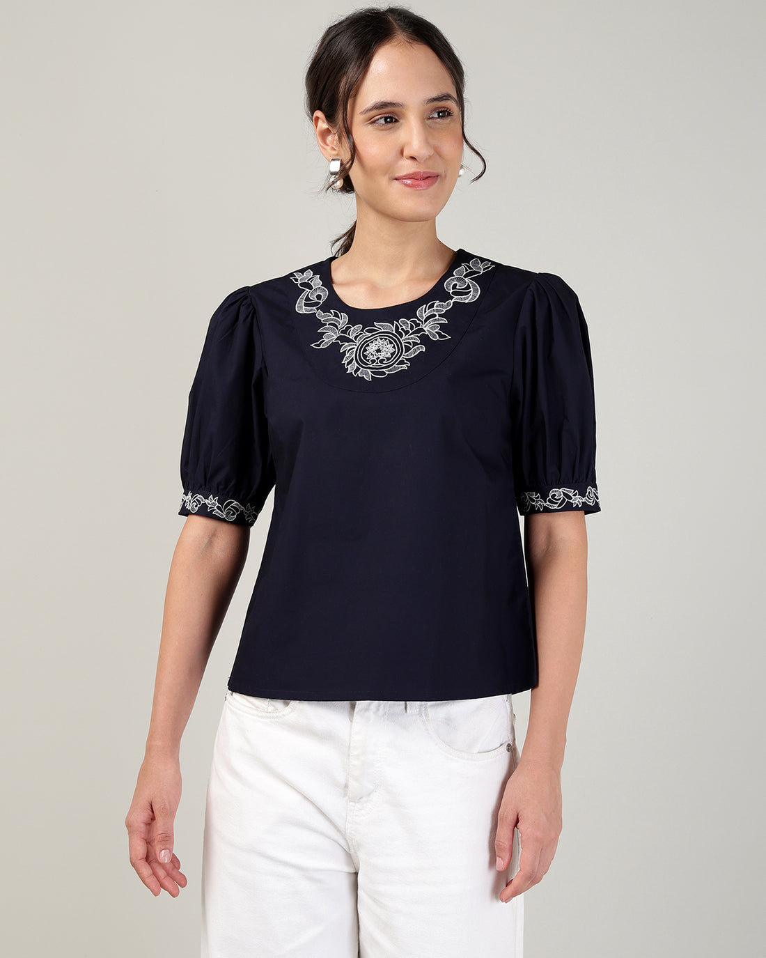 Women’s Embroidered Navy Blue Poplin Regular Fit Top -3106