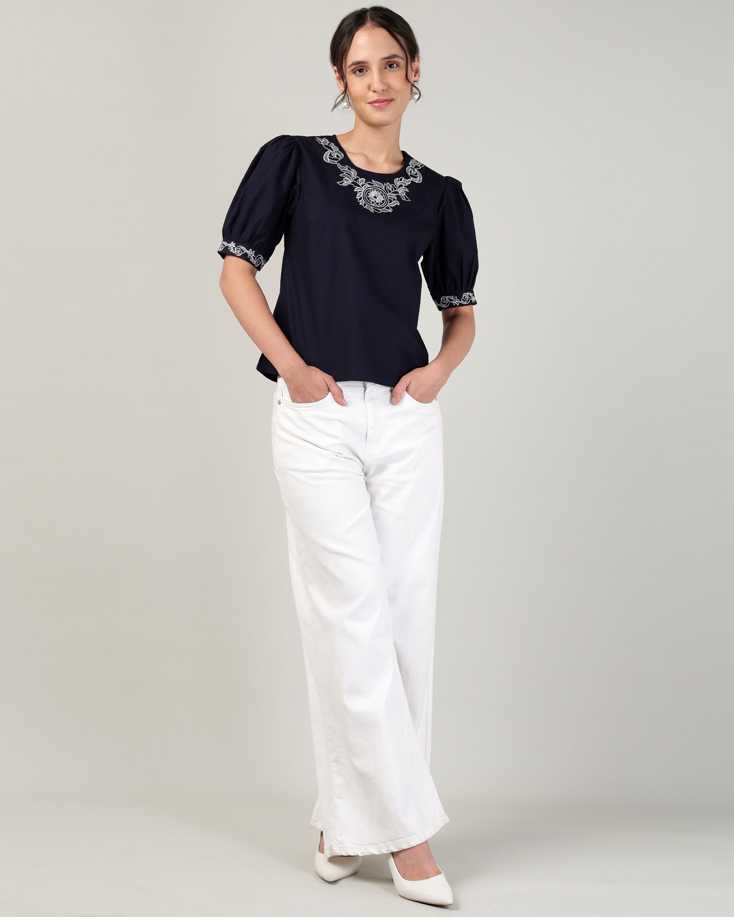 Women’s Embroidered Navy Blue Poplin Regular Fit Top -3106