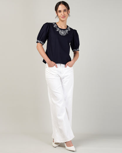 Women’s Embroidered Navy Blue Poplin Regular Fit Top -3106