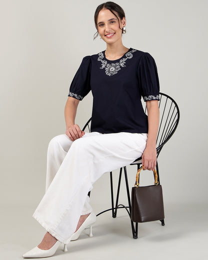 Women’s Embroidered Navy Blue Poplin Regular Fit Top -3106
