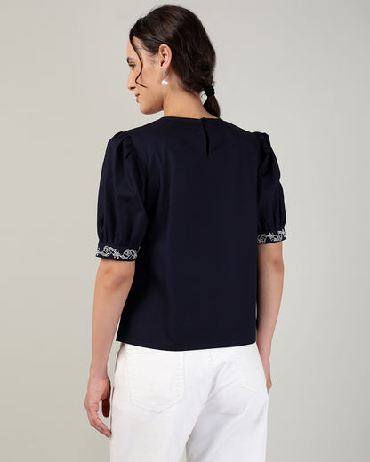 Women’s Embroidered Navy Blue Poplin Regular Fit Top -3106