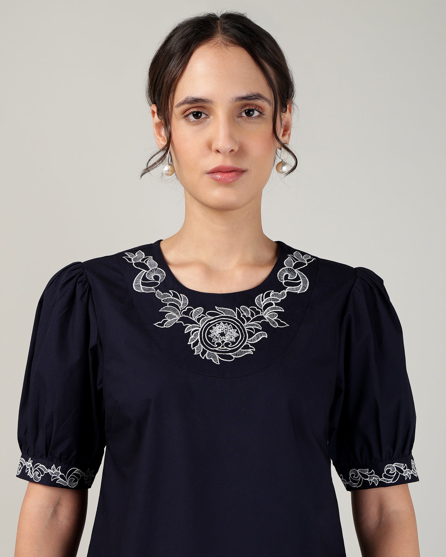 Women’s Embroidered Navy Blue Poplin Regular Fit Top -3106