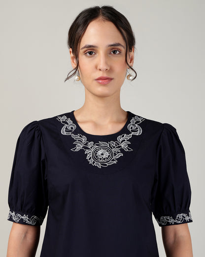 Women’s Embroidered Navy Blue Poplin Regular Fit Top -3106