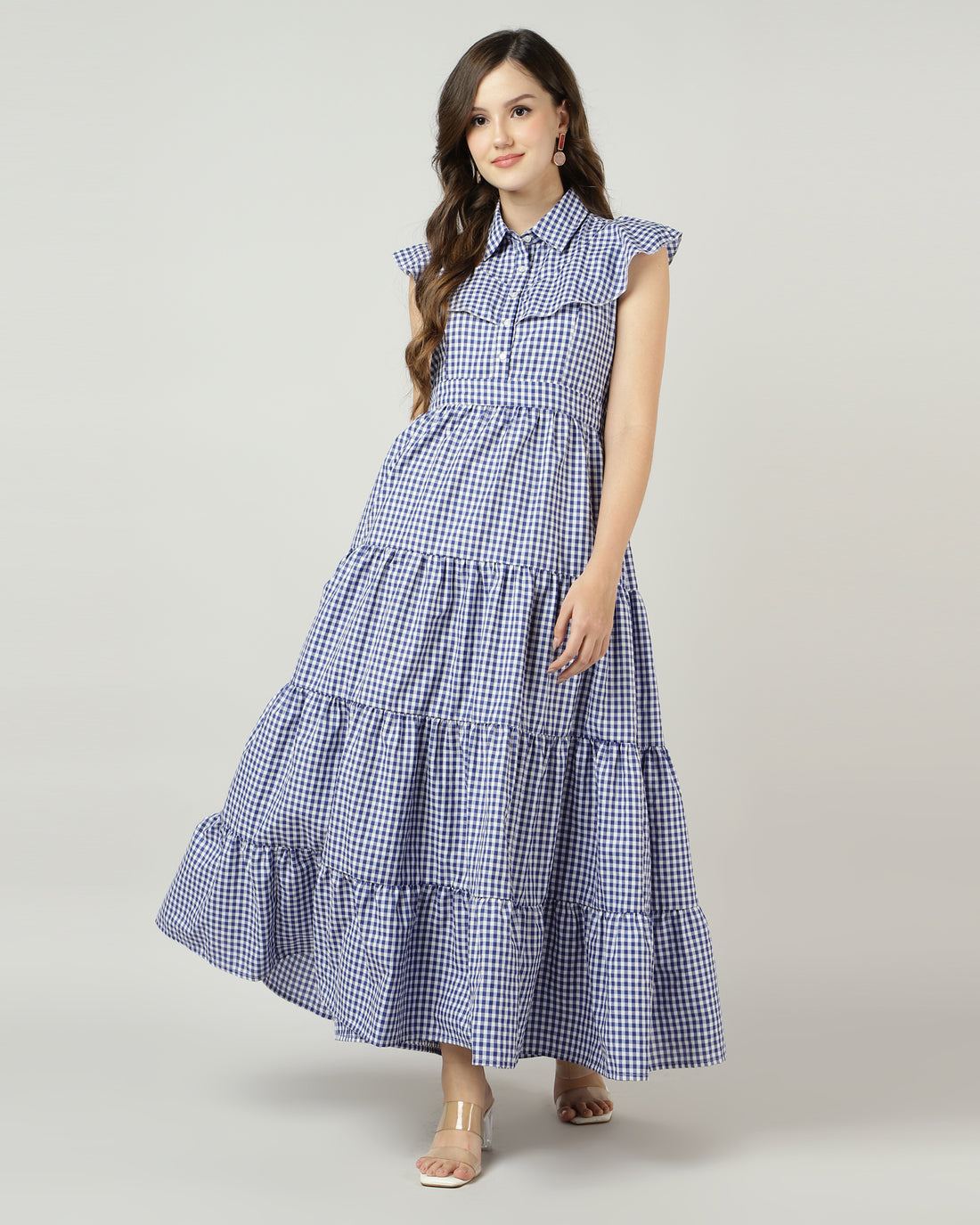 Blue Gingham Tiered Maxi Dress - 2890