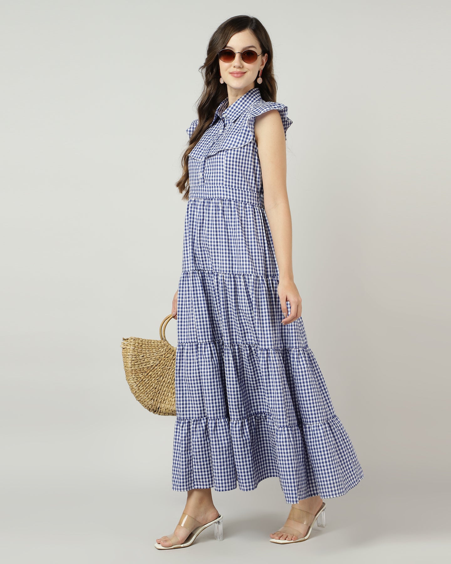 Blue Gingham Tiered Maxi Dress - 2890