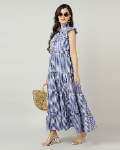 Blue Gingham Tiered Maxi Dress - 2890