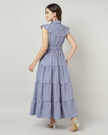 Blue Gingham Tiered Maxi Dress - 2890