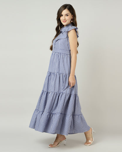 Blue Gingham Tiered Maxi Dress - 2890