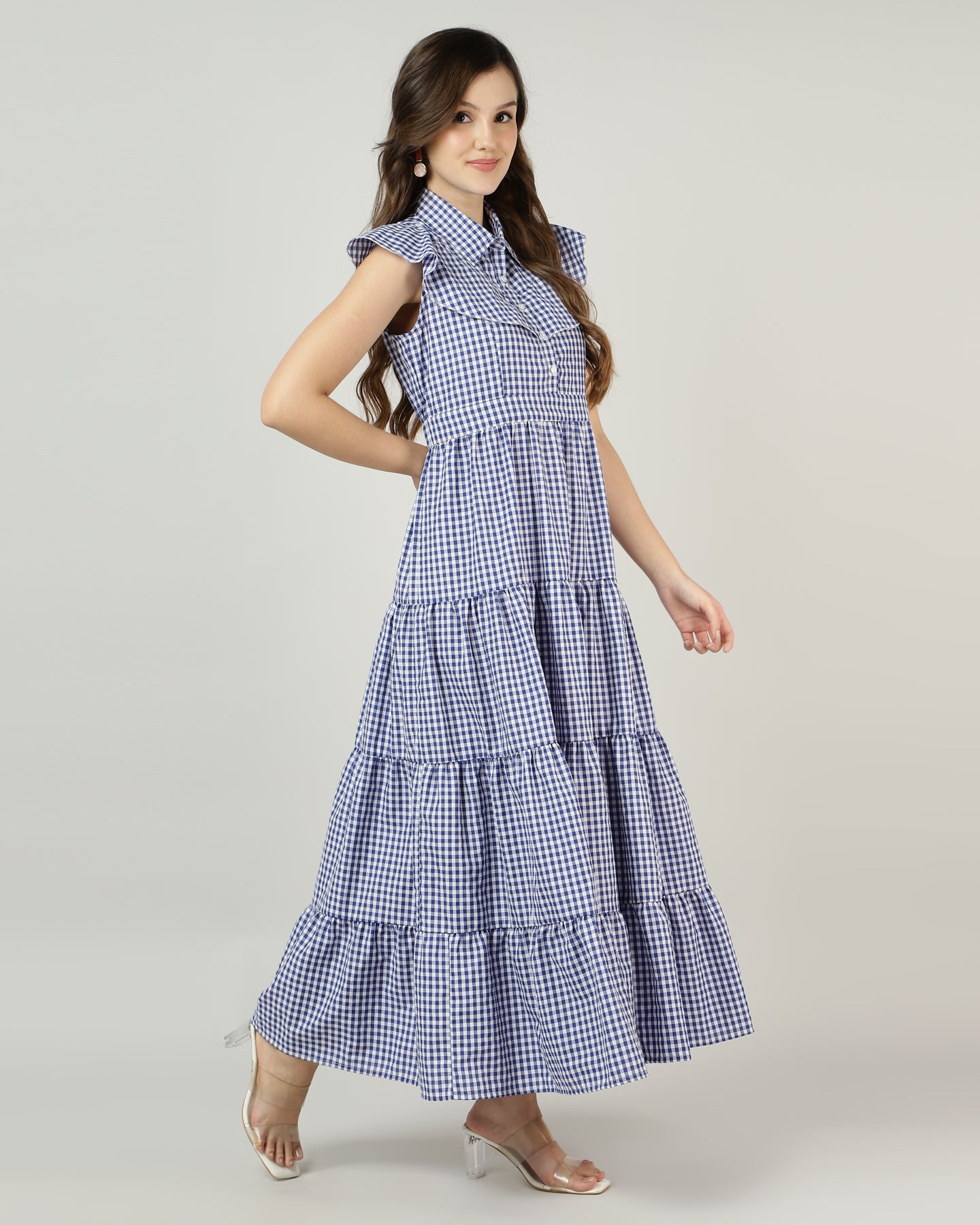Blue Gingham Tiered Maxi Dress - 2890