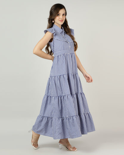 Blue Gingham Tiered Maxi Dress - 2890