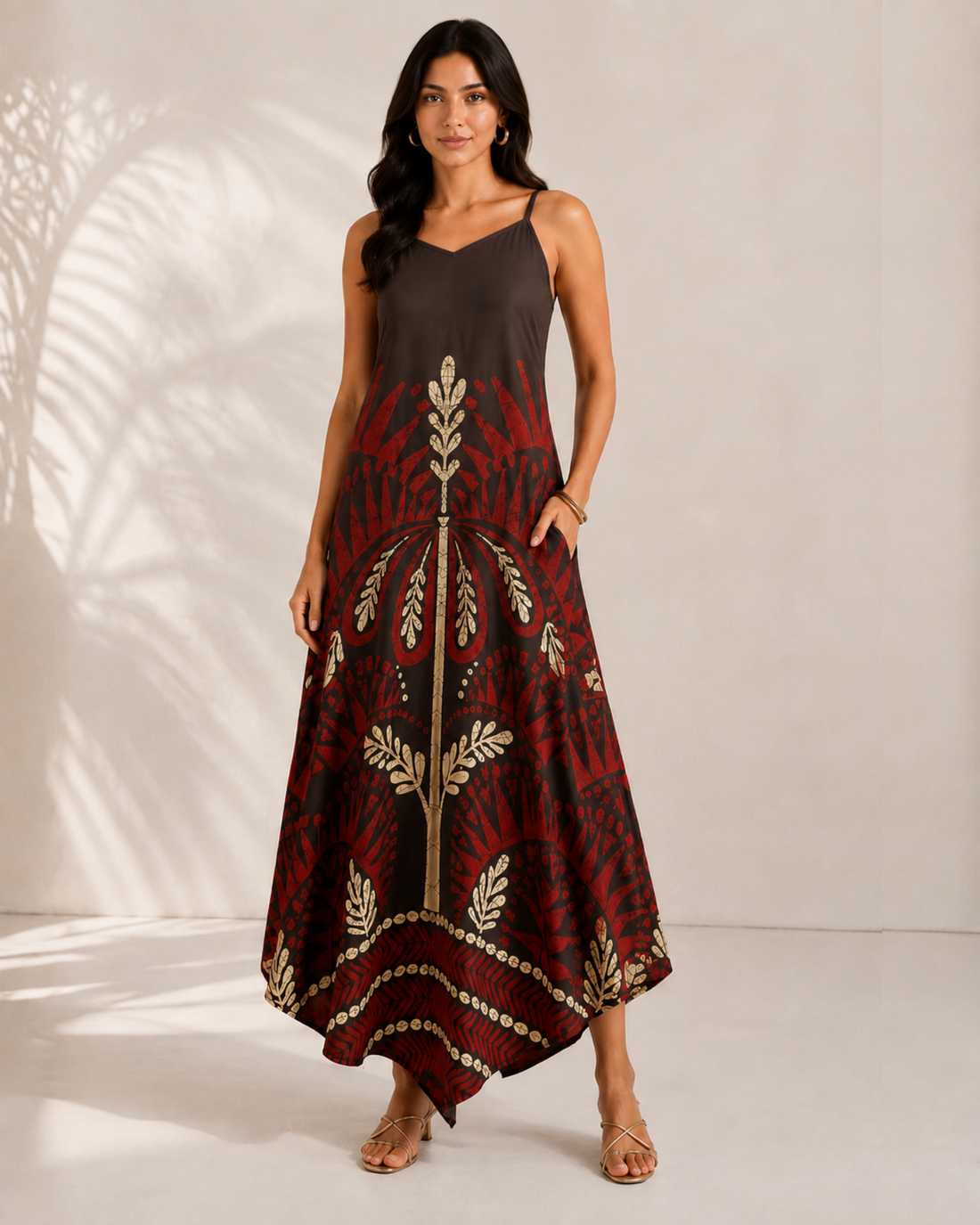 Sands of India Women Floral Print Asymmetric Hem A-Line Brown Maxi Dress - 3123