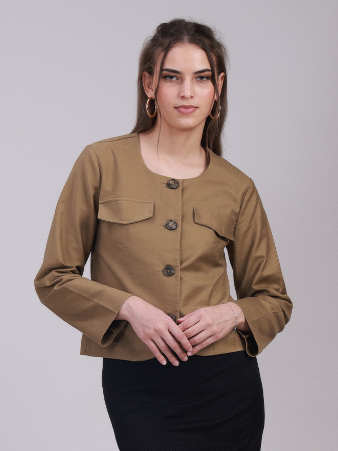 Brown Full-Sleeve Button-Up Jacket with Pockets- 3070